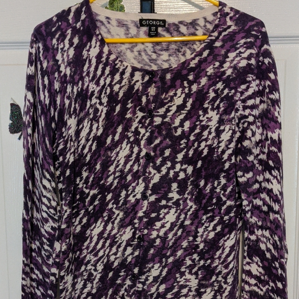 George Purple and Cream Button-Up Cardigan
